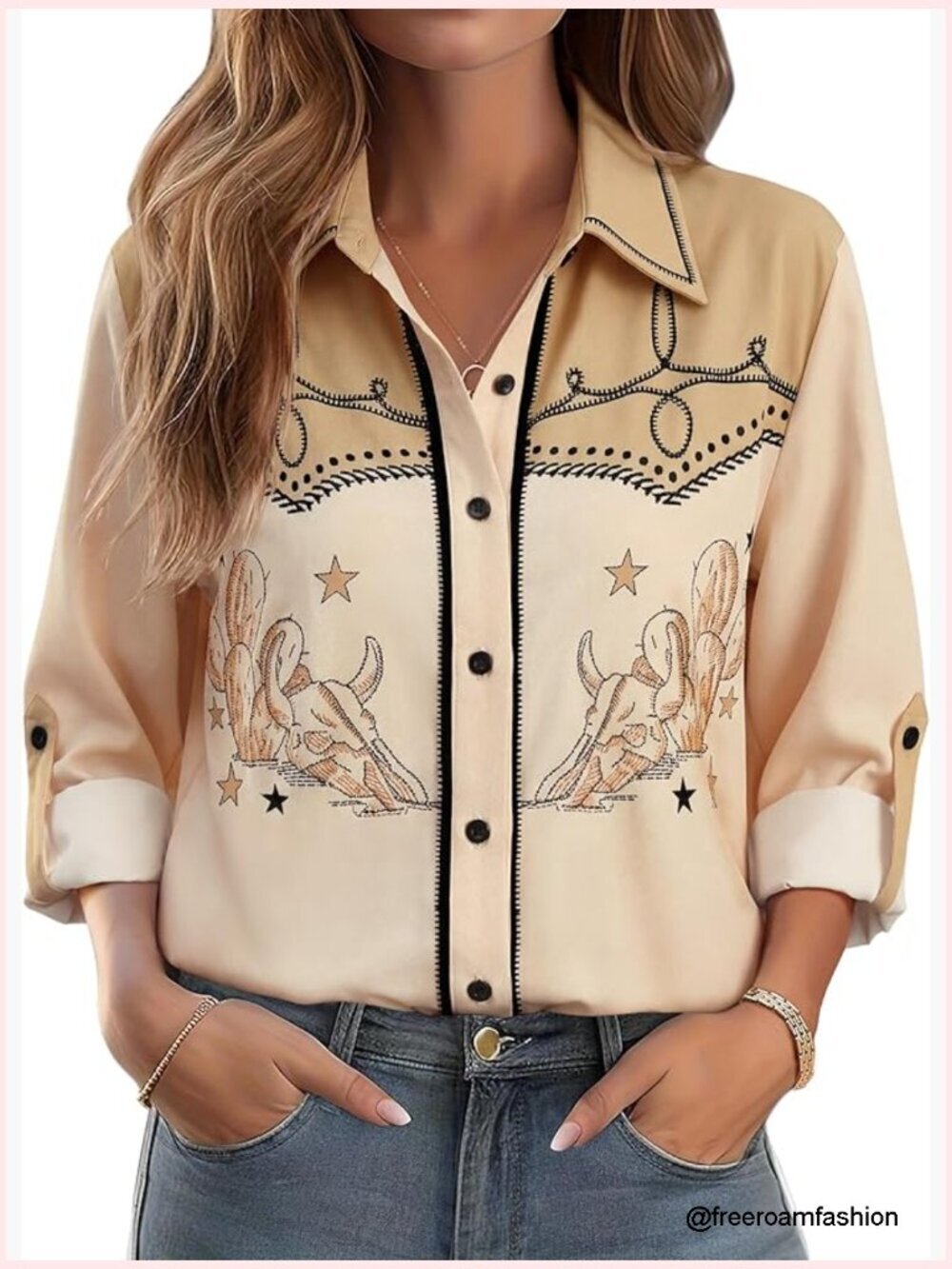 Western Cowgirl Button Down Shirt Long Rolled Sleeve Floral Print